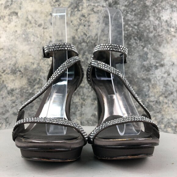 BCBGMaxAzria Women's Size 7B Peeking Grey Silver Fabric Embellished Heels - Picture 2 of 15